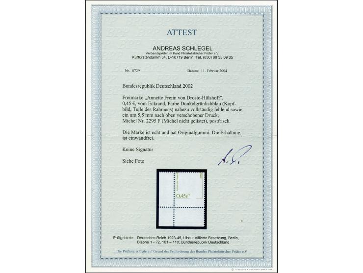 2002, Berühmte Frauen 45 C. aus der linken unteren Bogenecke mit fehlender Farbe dunkelgrünlichblau sowie um ca. 5,5mm nach o