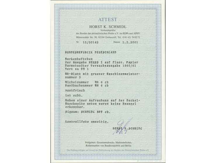 1960, Heuss I auf fluoreszierendem Papier, Darmstädter Versuchsausgabe, Markenheftchen mit Druckerzeichen "5" auf dem Heftche
