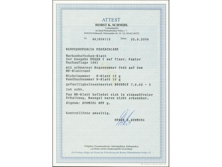Heftchenblatt 10 Pfg. mit schwarzer Bogenlaufnummer "0442" auf dem Heftchenrand, sauber gestempelt "BOCHOLT 7.6.62", einwandf