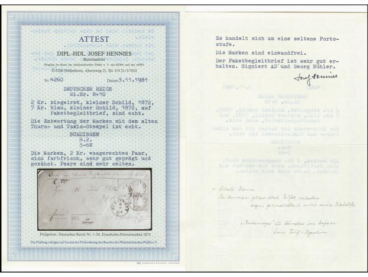 2 Kr. rötlichorange im waagerechten Paar und 7 Kr. grauultramarin mit T&T-Stempel "BUEDINGEN 8 2" auf Paketbegleitbrief nach 