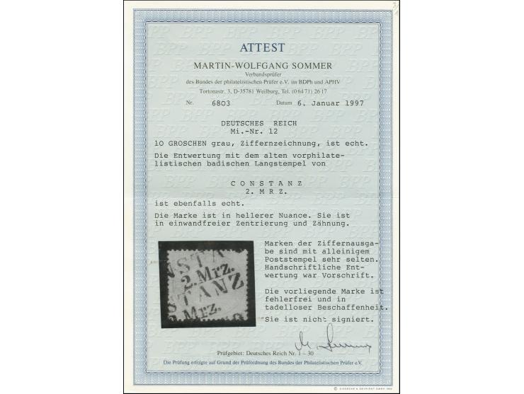 10 Gr. gelblichgrau mit Baden-L2 "CONSTANZ / 2. Mrz.", sehr seltene ausschließliche Ortsstempelentwertung, ein Zahn minimal k