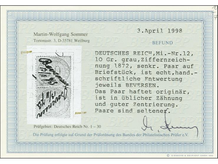 10 Gr. gelblichgrau, senkrechtes Paar mit vorschriftsgemäßer handschriftlicher Entwertung "Beversen 13/11 73" auf Briefstück,