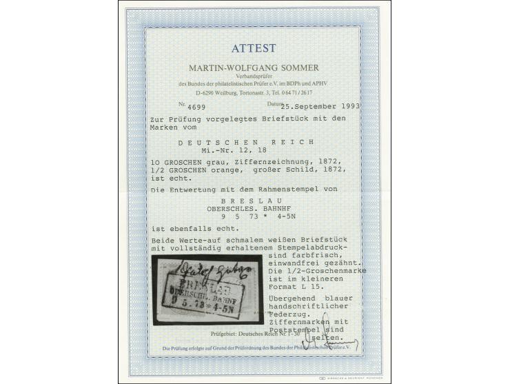 10 Gr. gelblichgrau und Großer Schild ½ Gr. orange im Kleinformat L15, mit Preußen-Ra3 "BRESLAU / OBERSCHL. BAHNF / 9 5 73" a