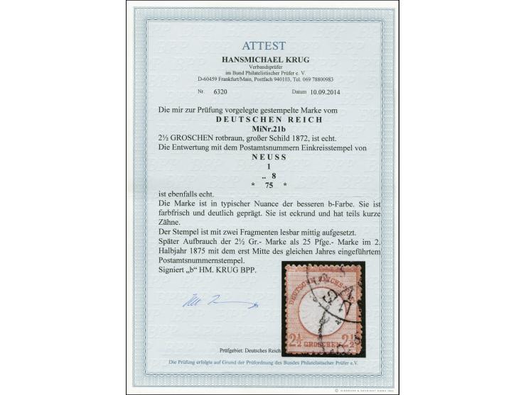 2½ Gr. rotbraun, mit Postamts-Nummernstempel "NEUSS" aus dem 2. Halbjahr 1875, eckrund und teils verkürzte Zahnspitzen, Fotoa
