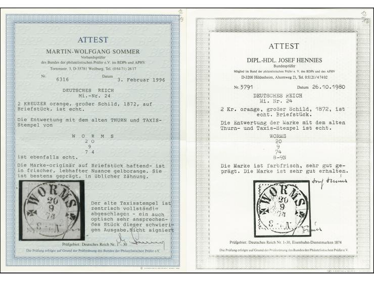 2 Kr. orange mit sehr schön aufgesetztem aptiertem T&T-EKr. "WORMS 20 9 74" auf Briefstück, Kabinett, Pracht, Fotoattest Somm