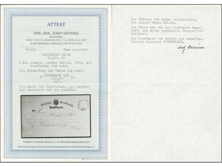 2 Kr. orange mit EKr. "OFFENBACH A/M. 7 5 74" auf amtlichem Postkartenformular nach Lauterbach, die Marke war gelöst und ist 
