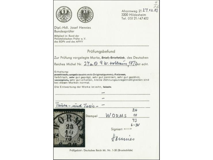 9 Kr. rötlichbraun mit aptiertem T&T-EKr. "WORMS 24 10 73", Pracht, sign. und Fotobefund Hennies BPP
