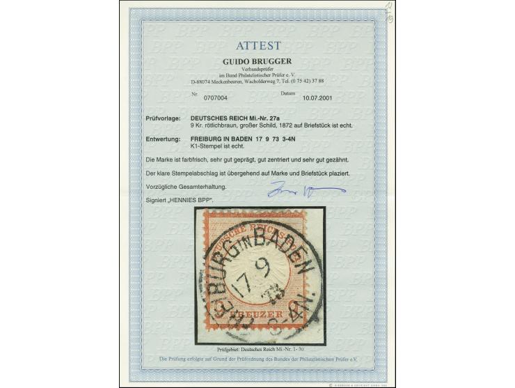 9 Kr. rötlichbraun mit EKr. "FREIBURG IN BADEN 17 9 73" auf Briefstück, Kabinett, sign. Hennies BPP und Fotoattest Brugger BP