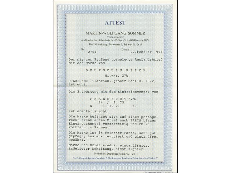 9 Kr. rotbraun mit klarem EKr. "FRANKFURT A.M. 24/1 73" auf Faltbrief nach Paris mit vorderseitig blauem Grenzeingangsstempel