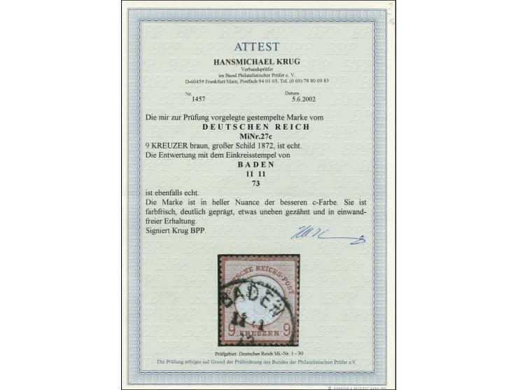 9 Kr. braun mit EKr. "BADEN 11 11 73", bessere Farbe, sign. und Fotoattest Krug BPP