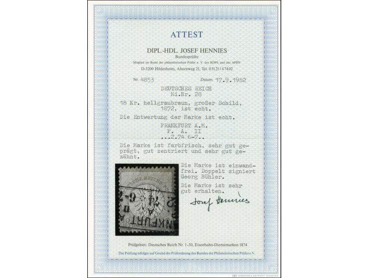 18 Kr. hellgraubraun, mit Ra3 "FRANKFURT A.M. ..2.74", tadellos, doppelt sign. Bühler, Fotoattest Hennies BPP (Mi. 2.800,-)