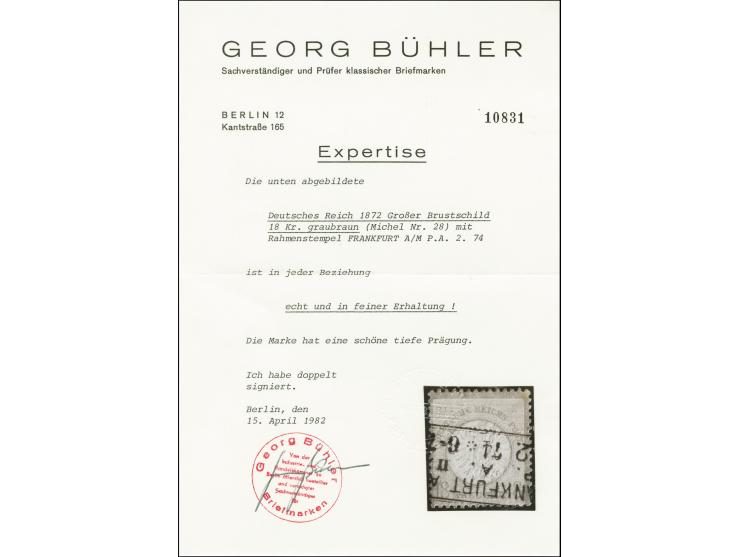 18 Kr. hellgraubraun, mit Ra3 "FRANKFURT A.M. ..2.74", tadellos, doppelt sign. Bühler, Fotoattest Hennies BPP (Mi. 2.800,-)