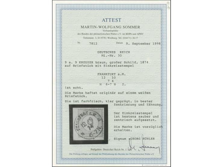 9 auf 9 Kr. braunorange mit EKr. "FRANKFURT A.M. 12 10 74" auf Briefstück, Kabinett, sign. Georg Bühler und Fotoattest Sommer