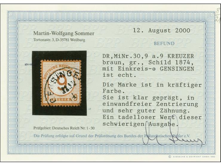 9 auf 9 Kr. braunorange mit EKr. "GENSINGEN 11 12 74", Pracht, Fotobefund Sommer BPP