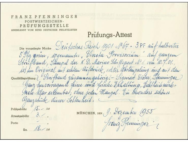 Vineta-Provisorium: 3 Pf auf halbierter 5 Pfg., rechte Hälfte mit klarem Stempel "KDMSP No.1. 10.7.01" auf Drucksachen-Streif