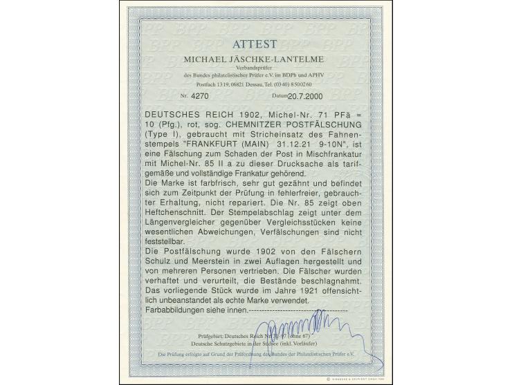 "Chemnitzer Postfälschung" 10 Pfg. rot, Type I und Germania 5 Pfg. grün (Heftchenschnitt oben) als portogerechte Frankatur au