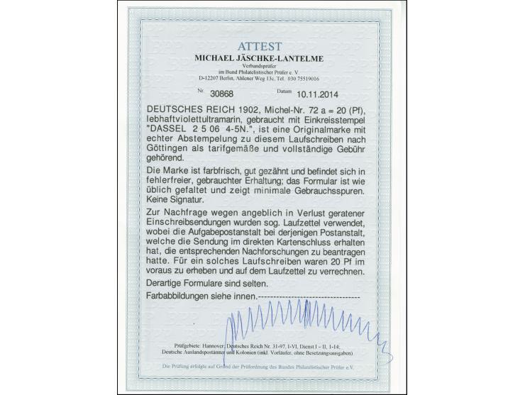 20 Pfg. lebhaftviolettultramarin mit sehr klarem Stempel "DASSEL" als Gebühr auf einem Lauzettel-Formular (mehrseitig mit DV 