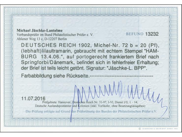 20 Pfg. lilaultramarin mit Stempel "HAMBURG 13.4.06" als portogerechte Einzelfrankaur auf Brief nach Springforbi, Dänemark mi