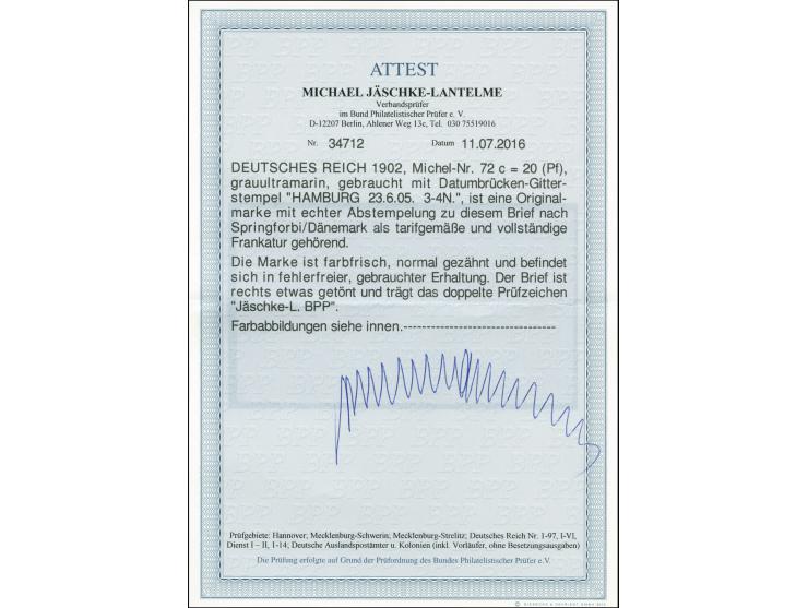 20 Pfg. grauultramarin mit Stempel "HAMBURG 23.6.05" als portogerechte Einzelfrankatur auf Brief nach Sprinforbi, Dänemark mi