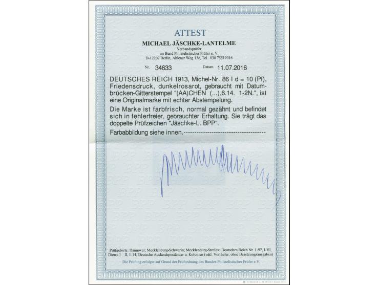 10 Pfg. dunkelrosa, sauber gestempelt, Pracht, sehr seltene Marke, doppelt sign. Jäschke-L. BPP und Fotoattest (Mi. 3.000,-)