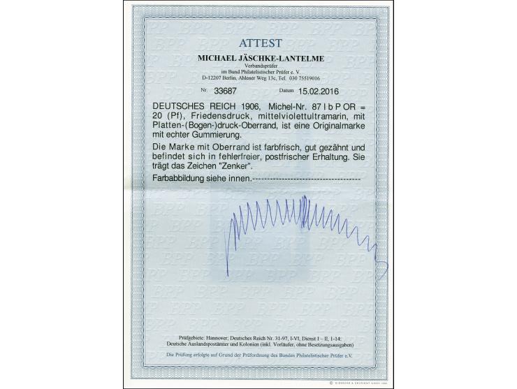 20 Pfg. mittelviolettultrmarin, Plattendruck-Oberrandstück, postfrisch, tadellos, sign. Zenker und Fotoattest Jäschke-L. BPP