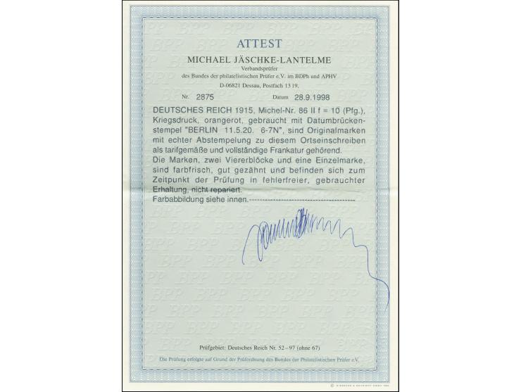 10 Pfg. orangerot, Einzelwert und zwei Viererblöcke je mit klarem Stempel "BERLIN-LICHTERFELDE 3 11.5.20" als portogerechte M
