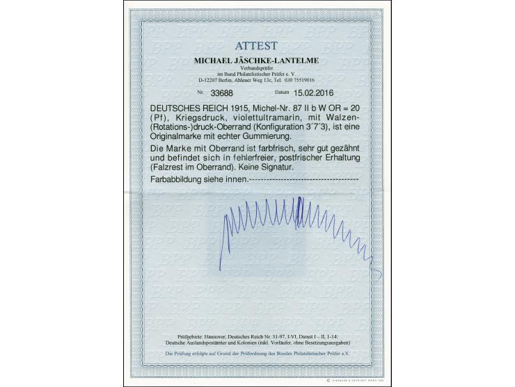 20 Pfg. violettultramarin, Oberrandstück mit Walzenkonfiguration 3'7'3, postfrisch bzw. Falzrest im Oberrand, tadellos, Fotoa