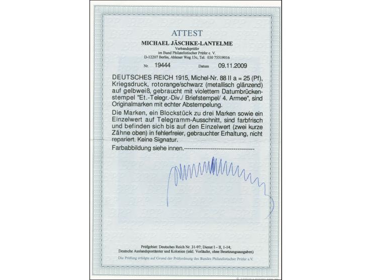 25 Pfg. rotorange/schwarz (metallisch glänzend", 3er-Block und Einzelwert mit Briefstempel-Entwertung auf Briefstück eines pr