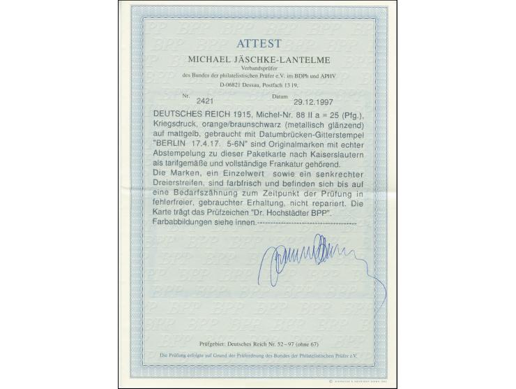 25 Pfg. rötlichorange/schwarz metallisch glänzend, Einzelwert und senkrechter 3er-Streifen je mit Stempel "BERLIN S.W.47 17.4