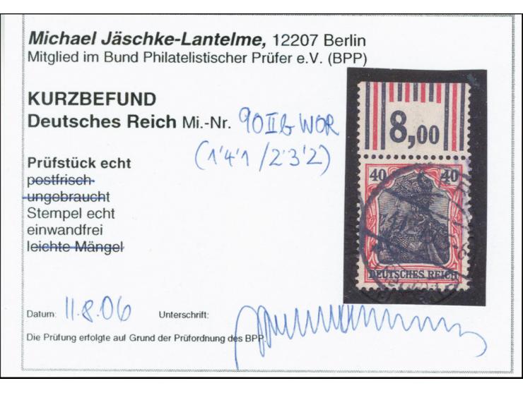 40 Pfg. karminrot/schwarz, 2 gestempelte Oberrandstücke im Walzendruck mit der Konfiguration "1'4'1/2'3'2" bzw. "1'4'1/1'5'1"