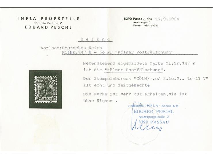 "Kölner Postfälschung" 60 Pfg. grauoliv (schlechter Steindruck) mit Zähnung L 13, mit Tagesstempel "CÖLN 2.10.2..", sehr selt