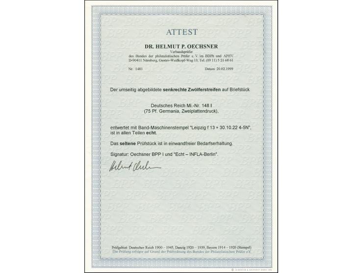75 Pfg. im senkrechten 12er-Streifen mit Handroll-Stempel "LEIPZIG 13 30.10.22" auf Briefstück (rückseitig mit Vordruck der M