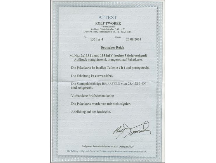 3 M. auf 1¼ M. mit Aufdruckfehler "rechte 3 tiefer stehend" mit 2 Normalmarken als portogerechte Mehrfachfrankatur auf Paketk