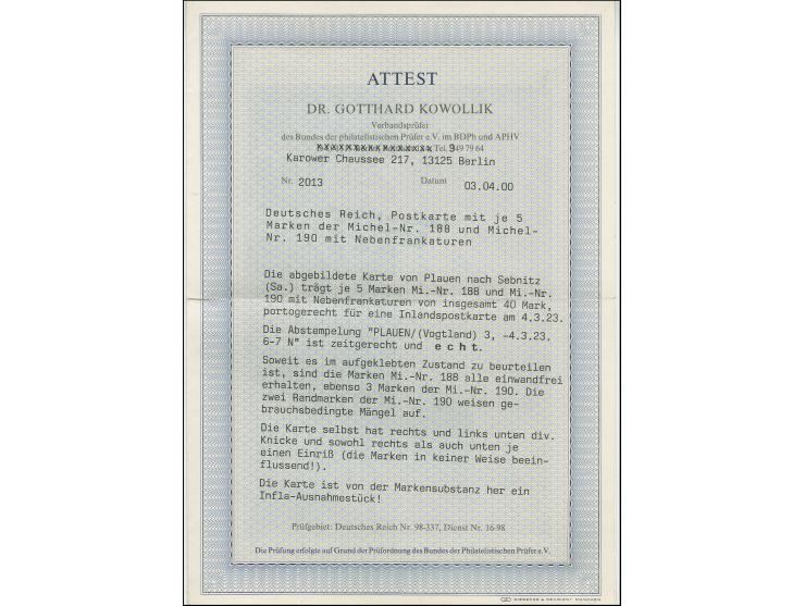 1921, Arbeiter 120 und 160 Pfg., je 5 Stück mit Zufrankatur mit Stempel "PLAUEN 4.3.23" auf Karte nach Sebnitz, zwei Werte Ei