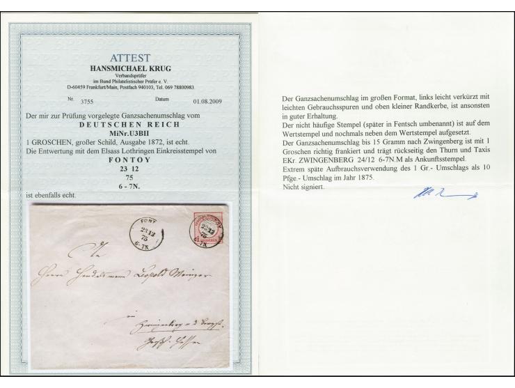 1 Gr. Ganzsachenumschlag mit EKr. "FONTOY 23 12 75" nach Zwingenberg mit rückseitigem T&T-Ankunftsstempel, extrem späte Aufbr