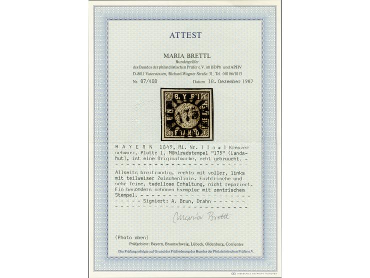 1 Kr. schwarz, Platte I, allseits breitrandig, rechts mit voller, links mit teilweiser Zwischenlinie, mit vollem gMR "175" LA