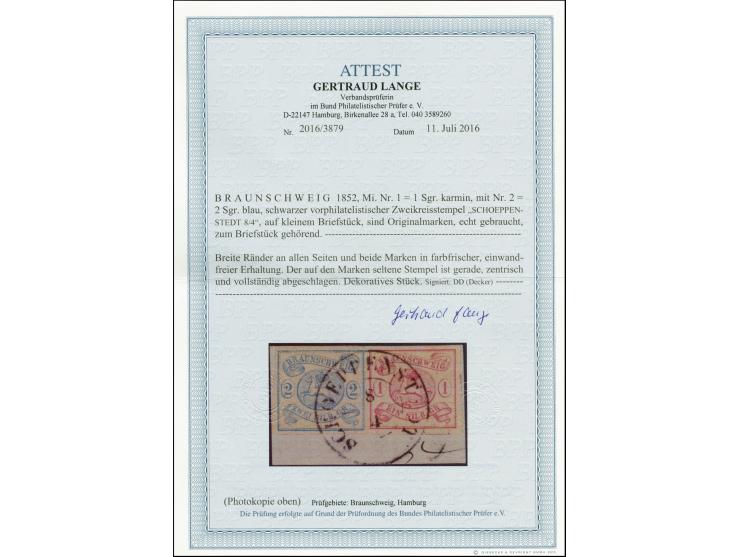 1852, Wappenausgabe auf weißem Papier 1 Sgr. karmin und 2 Sgr. blau, beide farbfrisch und breitrandig mit sauber aufgesetztem