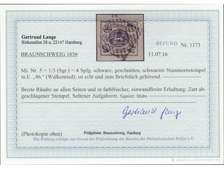 1/3 Sgr. schwarz, allseits breitrandig mit Nr. "46" WALKENRIED auf kleinem Briefstück, Kabinett, sign. Drahn und Fotobefund L