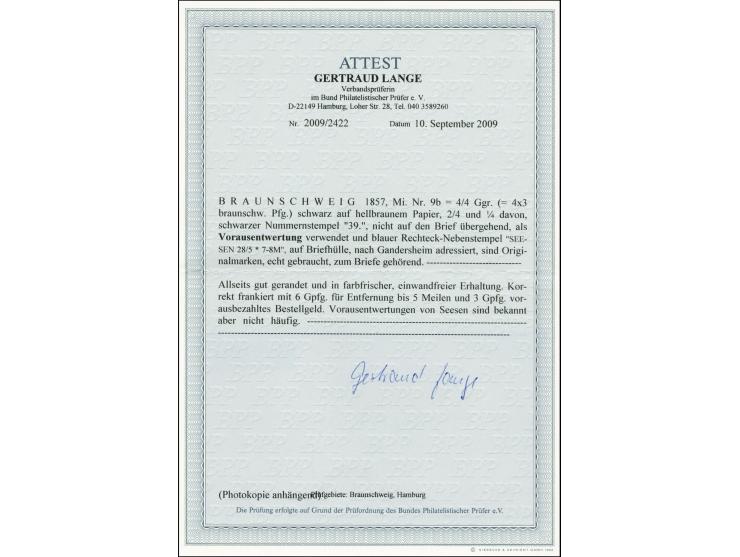 2/4 Ggr. und ¼ Ggr. auf hellbraun  mit Vorausentwertung "39" SEESEN auf Briefhülle nach Gandersheim mit Ankunftsstempel; Brie