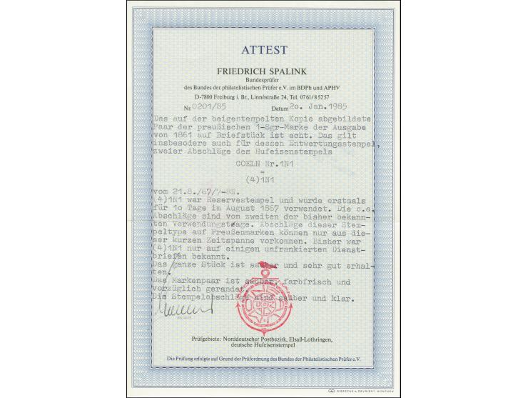 1 Sgr. karmin im waagerechten Paar mit Hufeisenstempel "COELN 21 8 67" (Spalink Nr. 4-1N1) auf Briefstück, 2 vollständige Abs