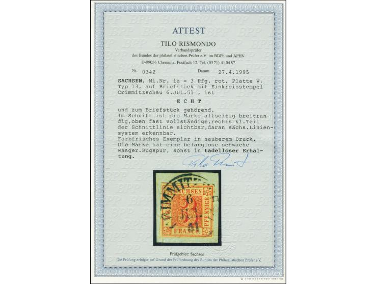 1850, 3 Pfg. rot, Platte V, Typ 13, allseits gleichmäßig breit gerandet und sehr schön farbfrisch, mit zentrischem EKr. "CRIM