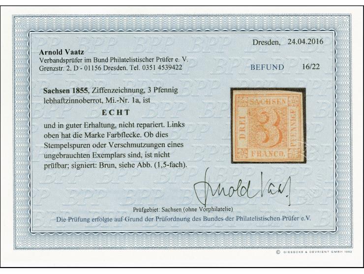 1850, 3 Pfg. lebhaftzinnoberrot, voll- bis breitrandig in einwandfreier Erhaltung; im oberen Bereich leichte Farb-/Stempel(?)