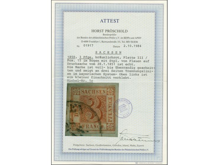 3 Pfg. bräunlichrot, Platte 3, Type 15, farbfrisch und allseits voll- bis breitrandig mit Teilen der Zwischenlinien an 3 Seit