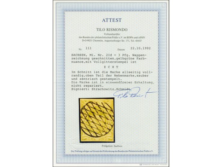 3 Pfg. gelbgrün, voll- bis überrandig mit zentrisch aufgesetztem Vollgitterstempel, Pracht, Altsignaturen und Fotoattest Rism