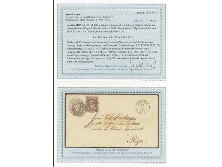 1 Ngr. auf graurot, allseits breitrandig und farbfrisch, als Zufrankatur auf Ganzsachenumschlag 1859, 5 Ngr. braunviolett, Ma