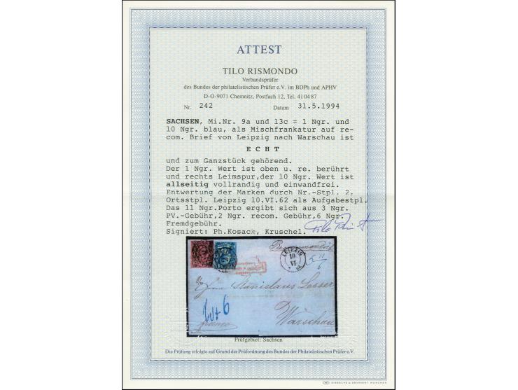 10 Ngr. blau auf glasigem Papier, links unten noch voll- sonst voll- bis überrandig mit leicht berührter 1 Ngr. auf rosa, mit