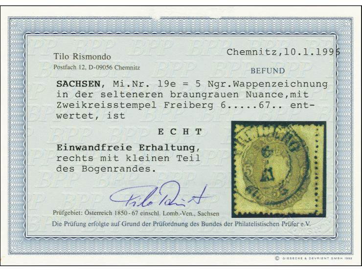 5 Ngr. braungrau, farbfrisch und einwandfrei gezähnt mit schmalem Bogenrand rechts, fast zentrisch entwertet durch DKr. "FREI