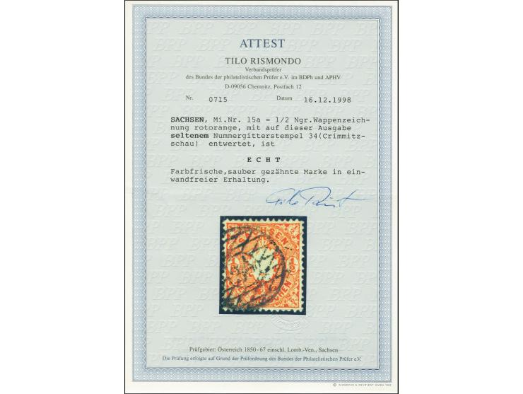 "34" CRIMMITSCHAU, sauber auf Wappen ½ Ngr. rotorange, einwandfrei, Fotoattest Rismondo BPP