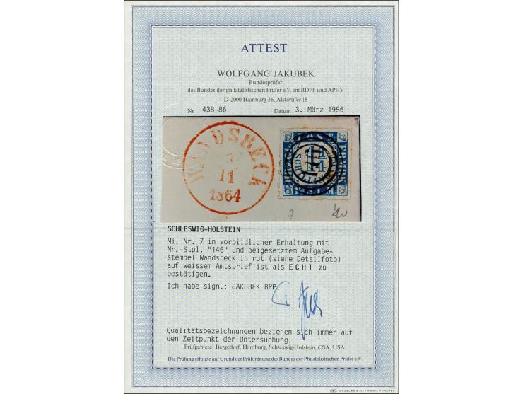 1¼ Sch. blau/weißrosa mit klarem Nummernstempel "146" und nebengesetztem rotem Aufgabestempel "WANDSBECK 3 11 1864"
auf Falt