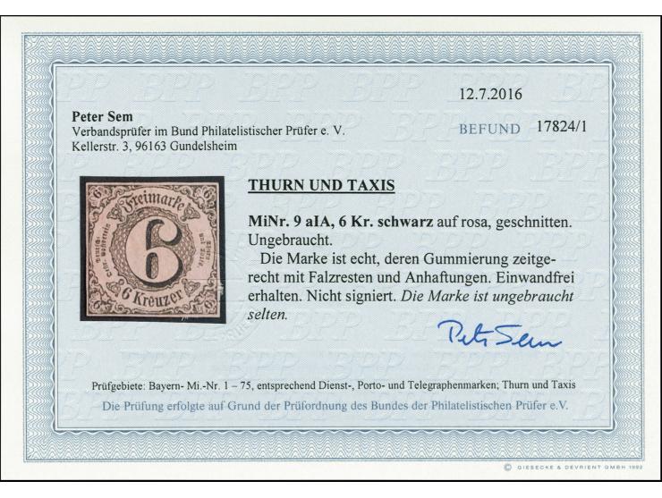 1852, 6 Kr. auf rosa, farbfrisch und allseits breitrandig, ungebraucht mit Originalgummi, Falz- und Papierreste, einwandfrei,